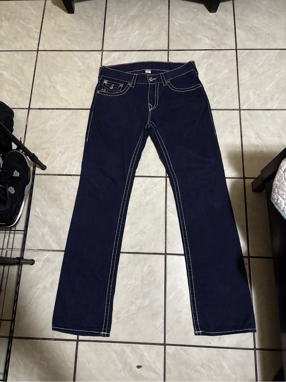 True Religion Men's Dark Navy Straight Jeans with Contrast Stitching